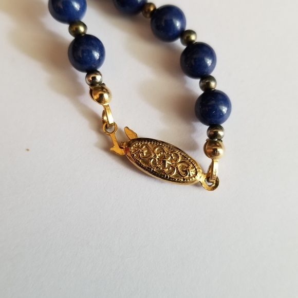 Vintage blue stone bead necklace gold tone Lapis Lazuli? Elegant boho - Picture 14 of 16